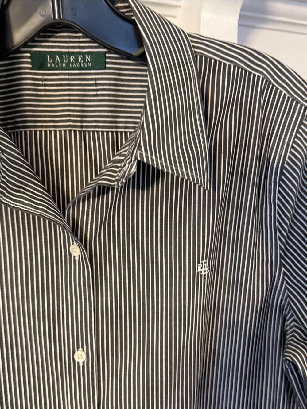 Lauren Ralph Lauren Women’s Button Down Shirt Black White Stripe Sz L